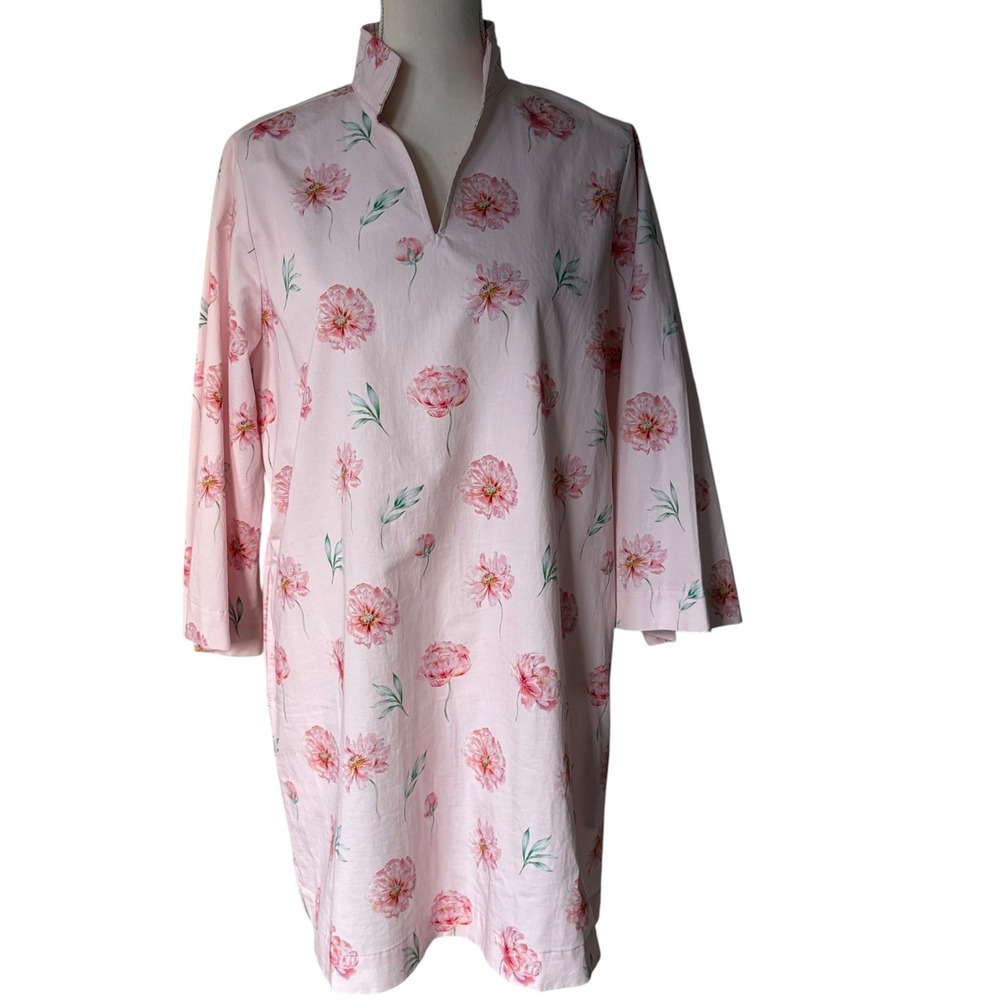 Solelia Pink Floral Peony Cotton Kaftan Dress‎ Split Neck Pockets XS Fits S-L